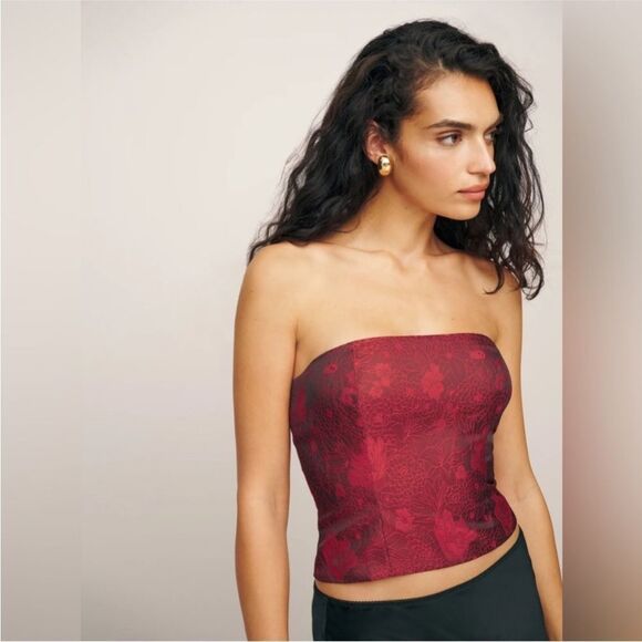 Reformation Giorgia strapless top in Red floral jacquard - size 12 NEW - Picture 9 of 10